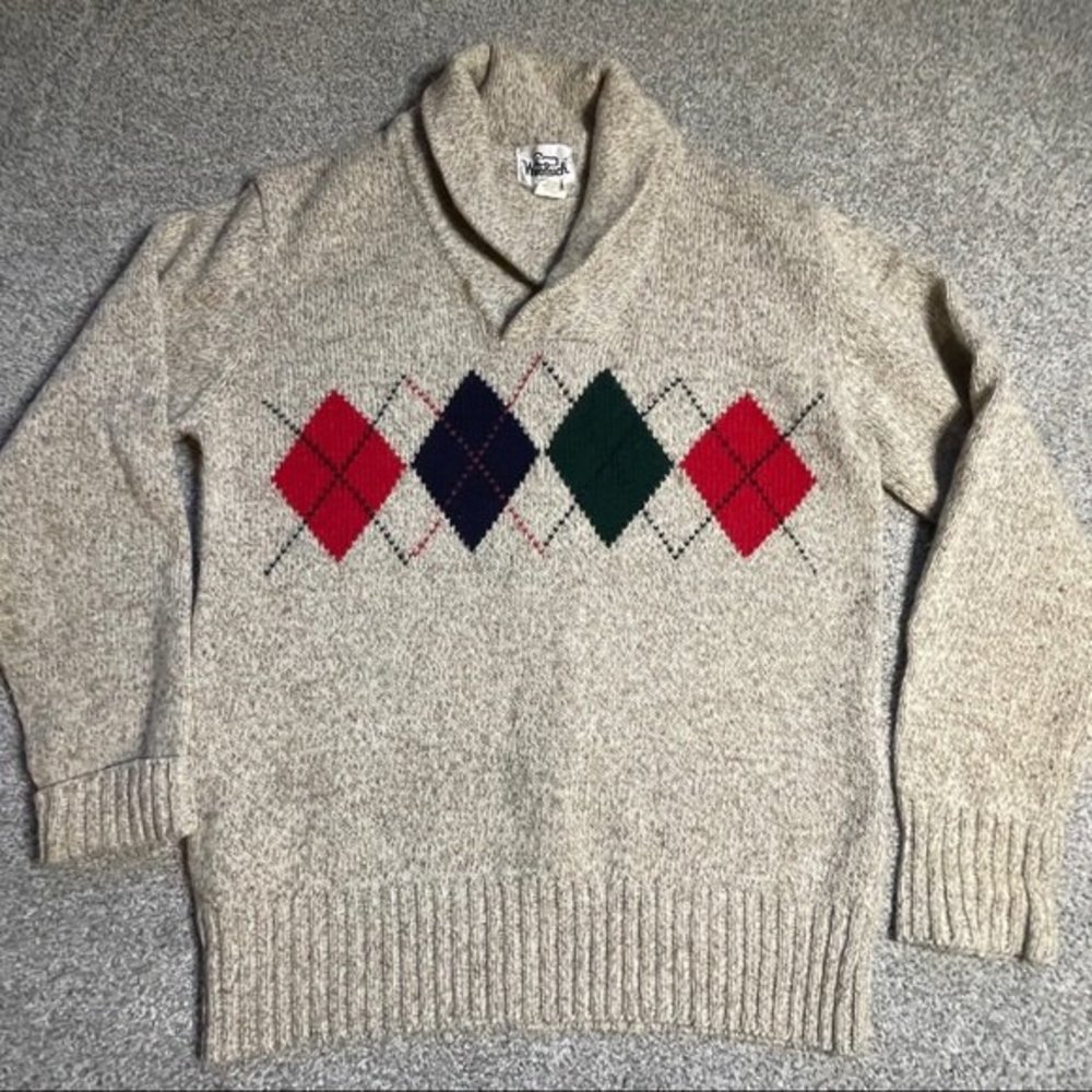 Vintage Woolrich Shawl Collar Argyl Wool blend pullover sweater Size M - Picture 1 of 4